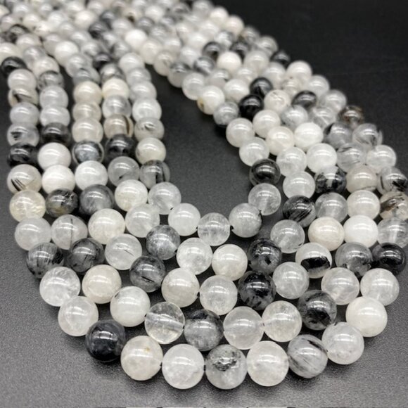 8mm Genuine Natural Tourmalinated Quartz Gemstone Bead Strand - Picture 2 of 3